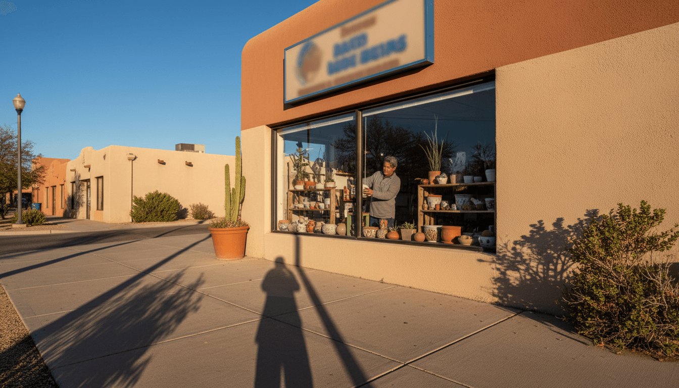 Small business storefront in Albuquerque with owner at window