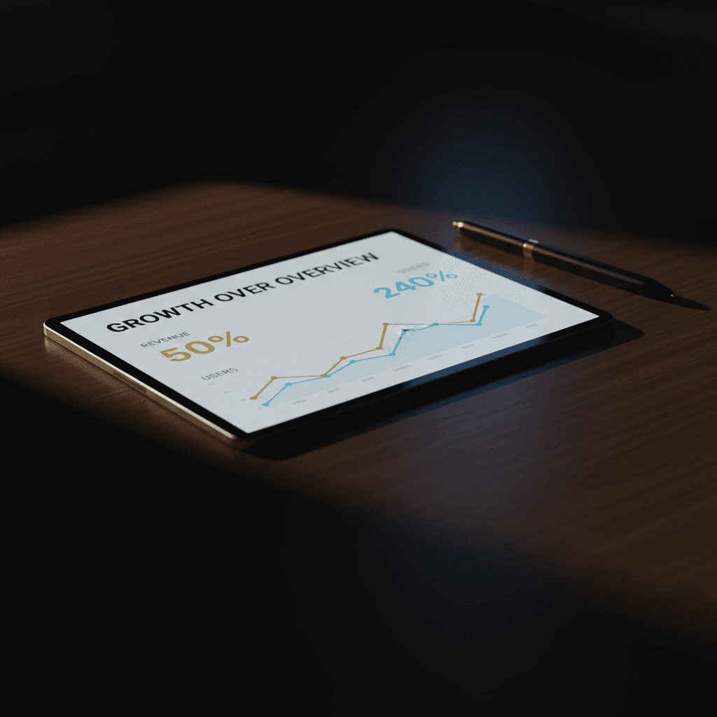 Tablet on a desk showing an analytics dashboard with graphs