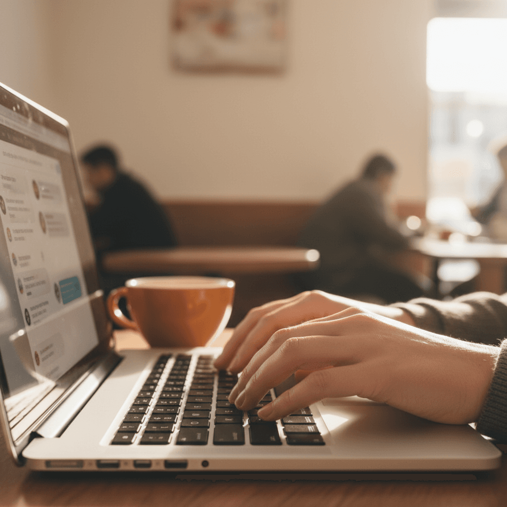 Hands typing on a laptop in a coffee shop with a messaging interface