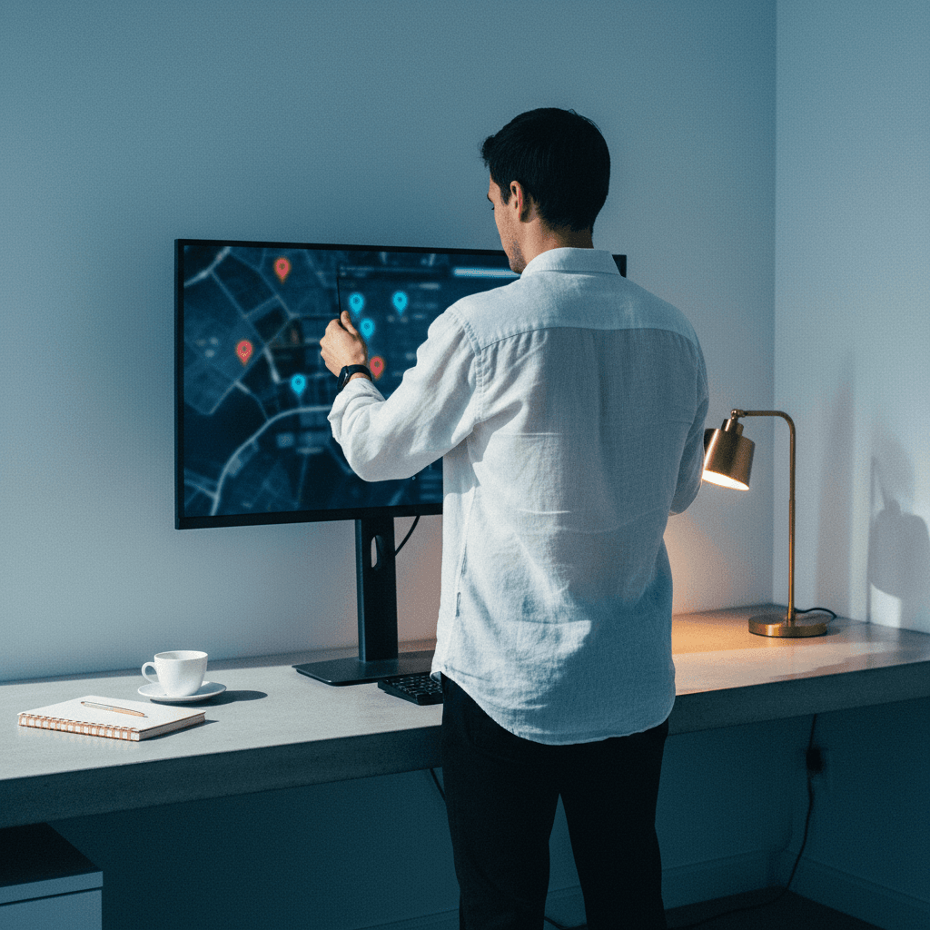 Person working at a desk with a map interface on screen