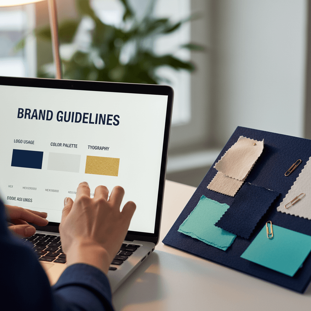 Designer hands working on a brand style guide on a laptop