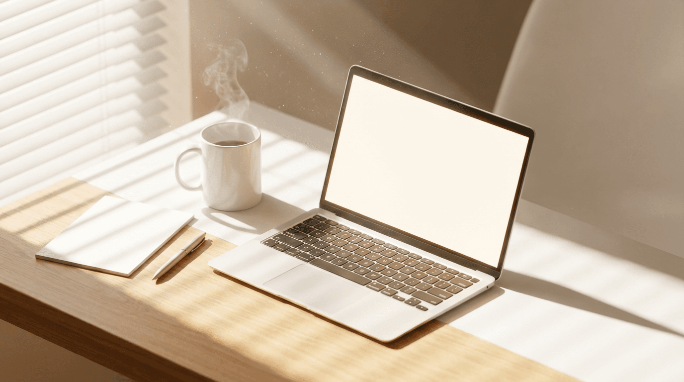 Professional workspace with laptop and notebook