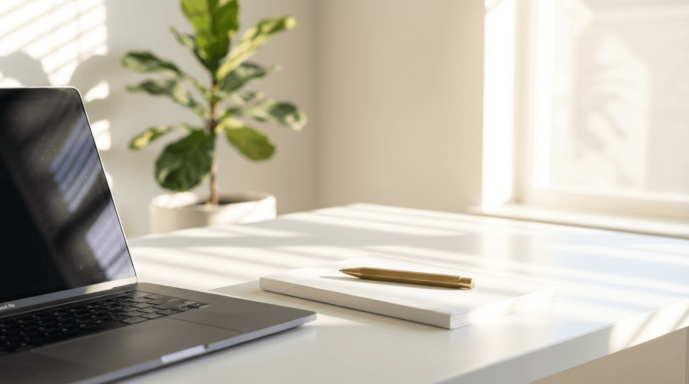 Minimal home office workspace with laptop and desk lamp